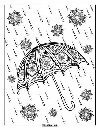 Coloriage de parapluie pour adultes : Un parapluie à motifs flotte entouré de formes de mandalas avec une douce pluie tout autour