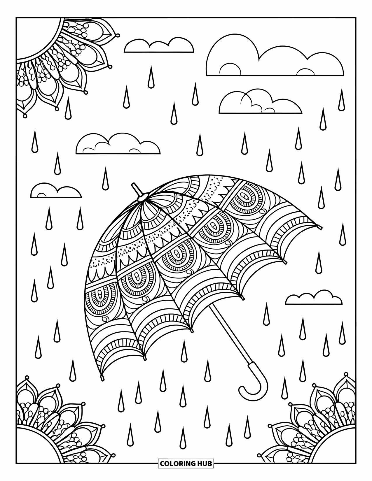 Umbrella Coloring Page for Adults: A patterned umbrella with clouds above is surrounded by floating mandala shapes and rain