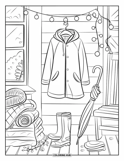 Coloriage de parapluie pour adultes : Une véranda avec un parapluie, des bottes, des guirlandes lumineuses et un imperméable accroché à proximité