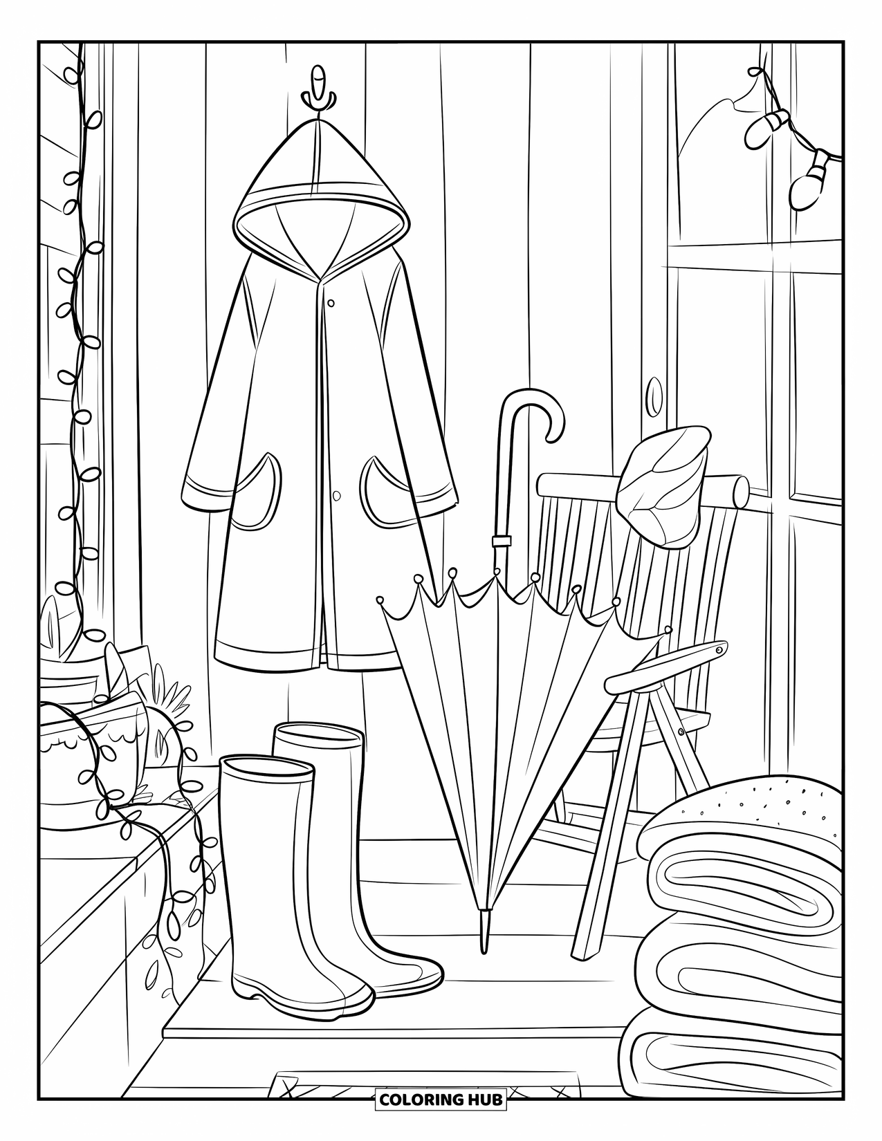 Umbrella Coloring Page for Adults: A quiet porch holds an umbrella, boots, raincoat, and cozy touches like blankets and lights