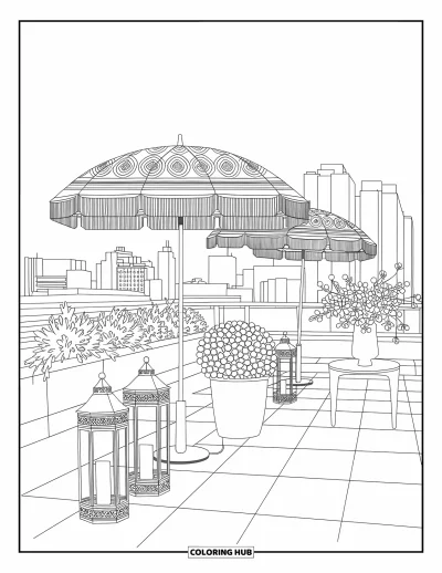 Coloriage de parapluie pour adultes : Une table en terrasse fleurie est abritée sous des parapluies à motifs à côté de lanternes et de plantes en pots