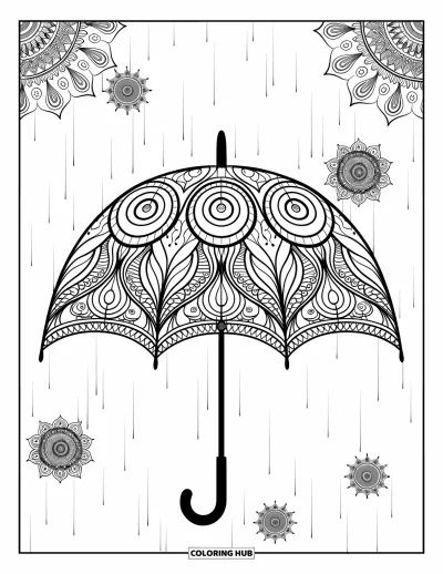 Coloriage de parapluie pour adultes : Un parapluie aux motifs tourbillonnants est entouré de mandalas flottants et de douces lignes de pluie