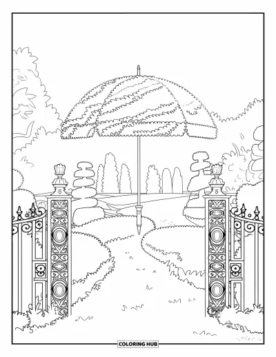 Coloriage de parapluie pour adultes : Un topiaire en forme de parapluie trône dans un jardin entouré de grilles, de statues et de sentiers sinueux