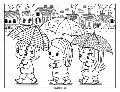 Coloriage de parapluie pour adultes : Un trio d'enfants avec des parapluies à motifs passe devant de petits toits et des détails villageois pleins de vie