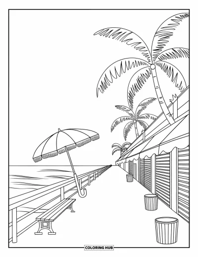Coloriage de parapluie pour adultes : Un parapluie ouvert repose à côté de devantures fermées sur un lungomare bordé de palmiers près de l'océan