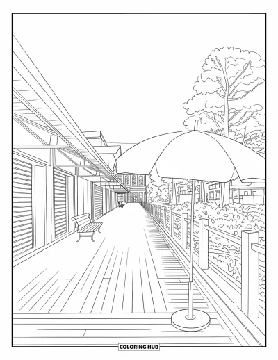 Coloriage de parapluie pour adultes : Un parapluie ouvert repose près de boutiques fermées sur une promenade en bois avec des bancs et des arbres