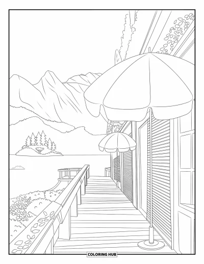 Coloriage de parapluie pour adultes : Un parapluie ouvert repose près de boutiques fermées sur un lungomare au bord d'un lac avec un pont en arche