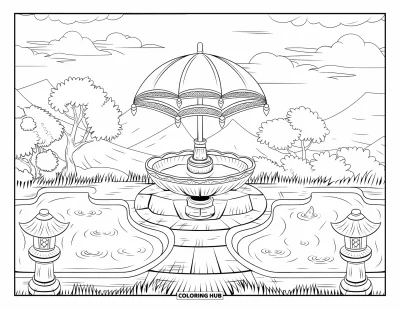 Coloriage de parapluie pour adultes : Une fontaine-parapluie sculptée se dresse près de bassins à koï, de lanternes, d'arbres et de montagnes