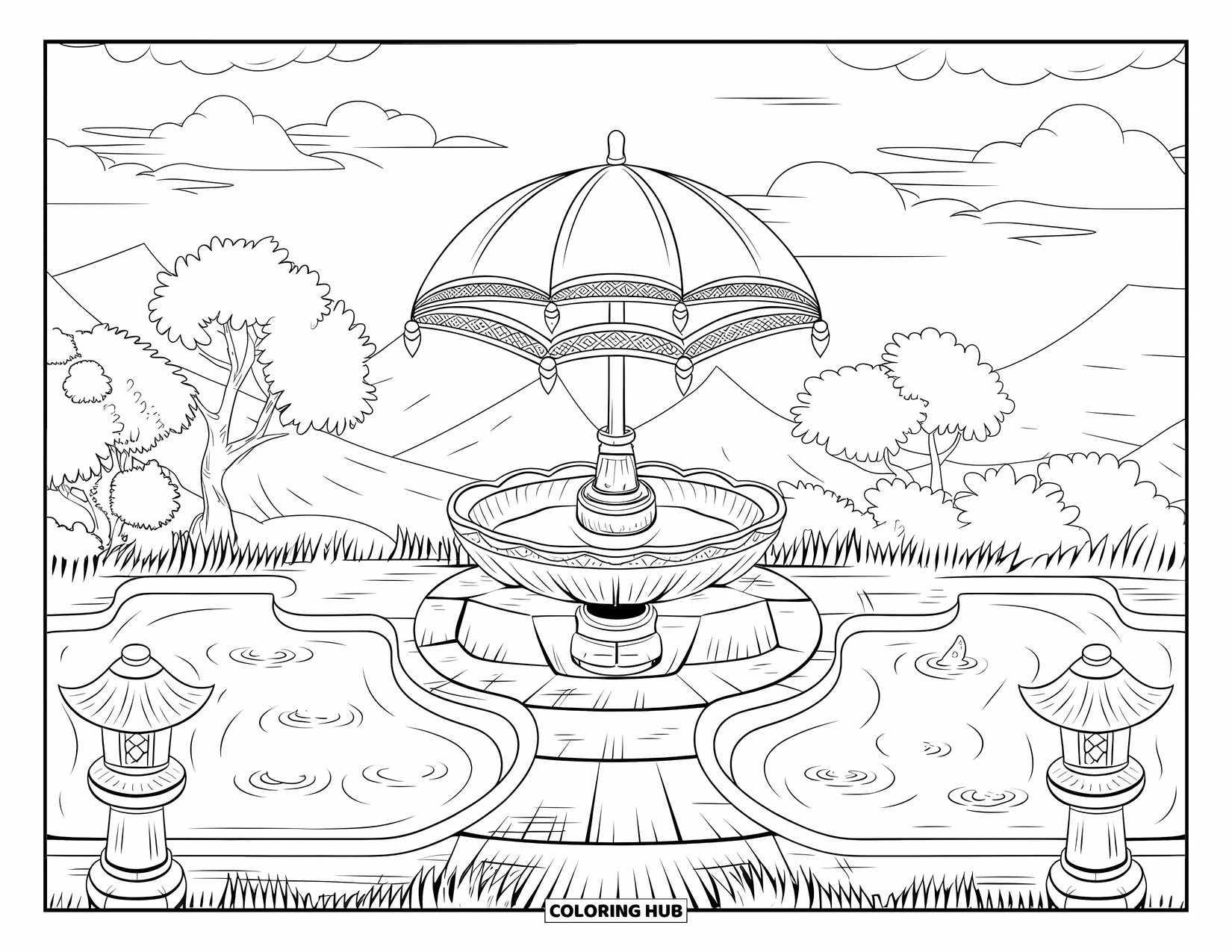 Umbrella Coloring Page for Adults: An umbrella fountain with carvings stands near rippling koi ponds, lanterns, trees, and mountains