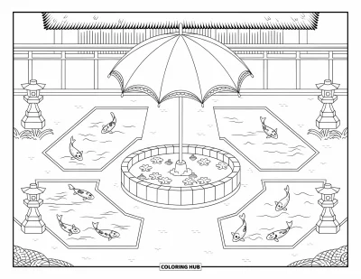Coloriage de parapluie pour adultes : Une fontaine en forme de parapluie se dresse entre des bassins à carpes koï et des lanternes en pierre près d'un bâtiment au toit de chaume
