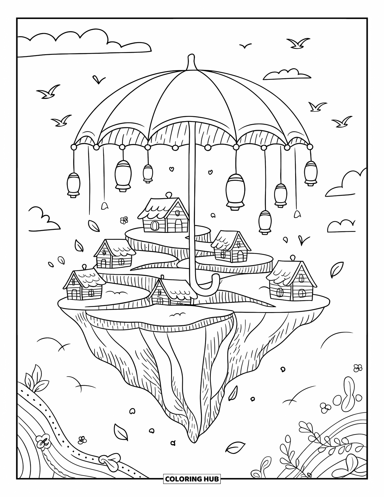 Umbrella Coloring Page for Adults: An umbrella-shaped island floats with cottages, leaves, and birds in a peaceful sky