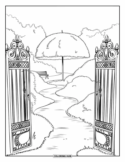 Coloriage de parapluie pour adultes : Un topiaire en forme de parapluie aux feuilles clairsemées se tient près de grilles, de chemins et d'un banc de jardin