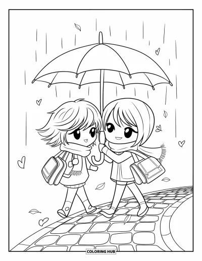 Coloriage de parapluie pour adultes : Des amis chibi partagent un parapluie sur un chemin pavé avec des cœurs et des feuilles tourbillonnantes