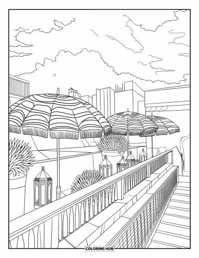 Coloriage de parapluie pour adultes : Des parapluies à motifs et des lanternes décorent un toit-terrasse avec des rambardes, des escaliers et des vues sur la ville nuageuse