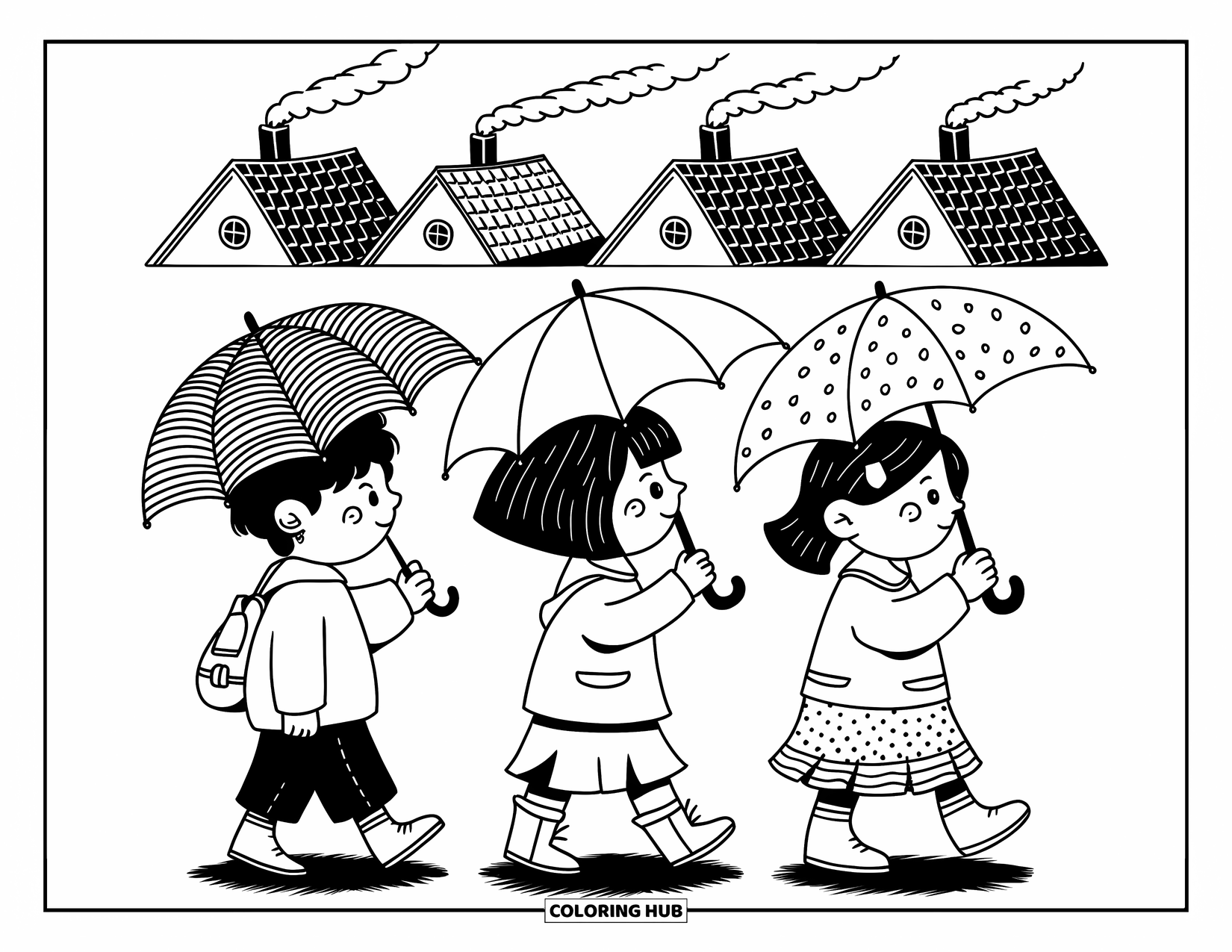 Umbrella Coloring Page for Adults: Three kids walk with umbrellas through a quiet village with rooftops and curling chimney smoke
