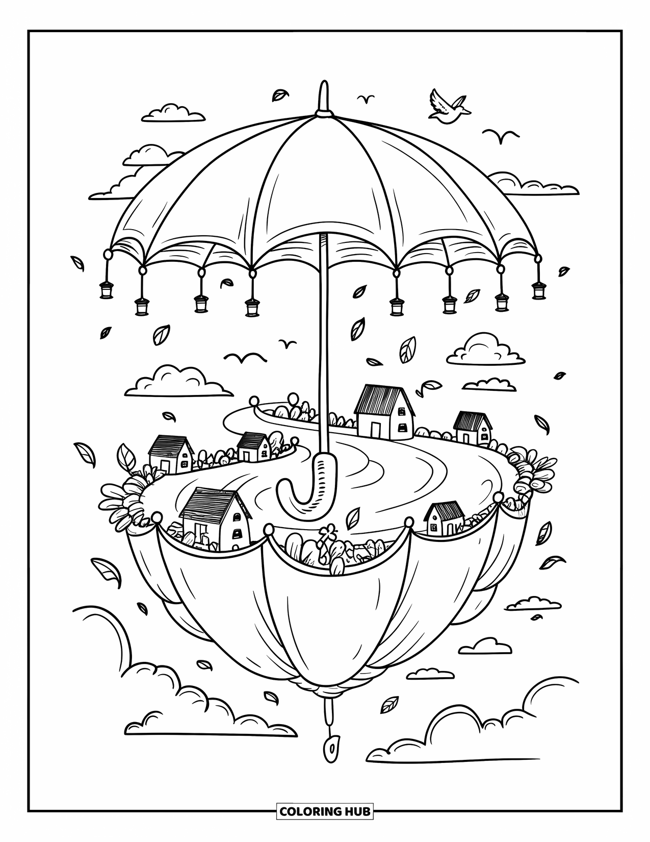 Umbrella Coloring Page for Adults: Tiny cottages sit on an umbrella-shaped island with lanterns, birds, and fluttering leaves