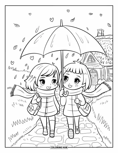 Coloriage de parapluie pour adultes : Deux amis chibi marchent sous un parapluie avec des écharpes, des cartables, des cœurs et des feuilles qui dérivent