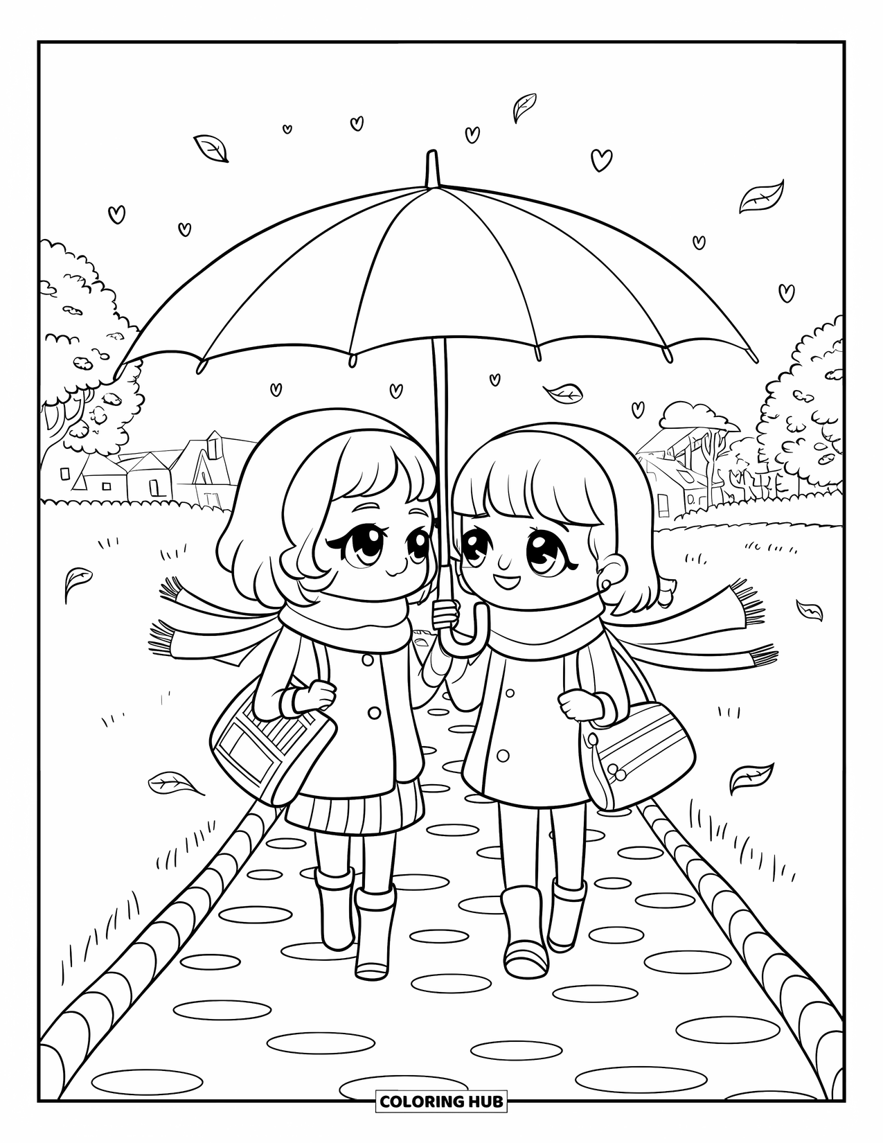 Umbrella Coloring Page for Adults: Two friends in scarves walk with an umbrella near trees, buildings, and tiny floating hearts