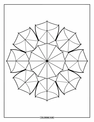 Coloriage de parapluie pour adultes : Des parapluies disposés en cercle offrent une vue géométrique apaisante vue du dessus