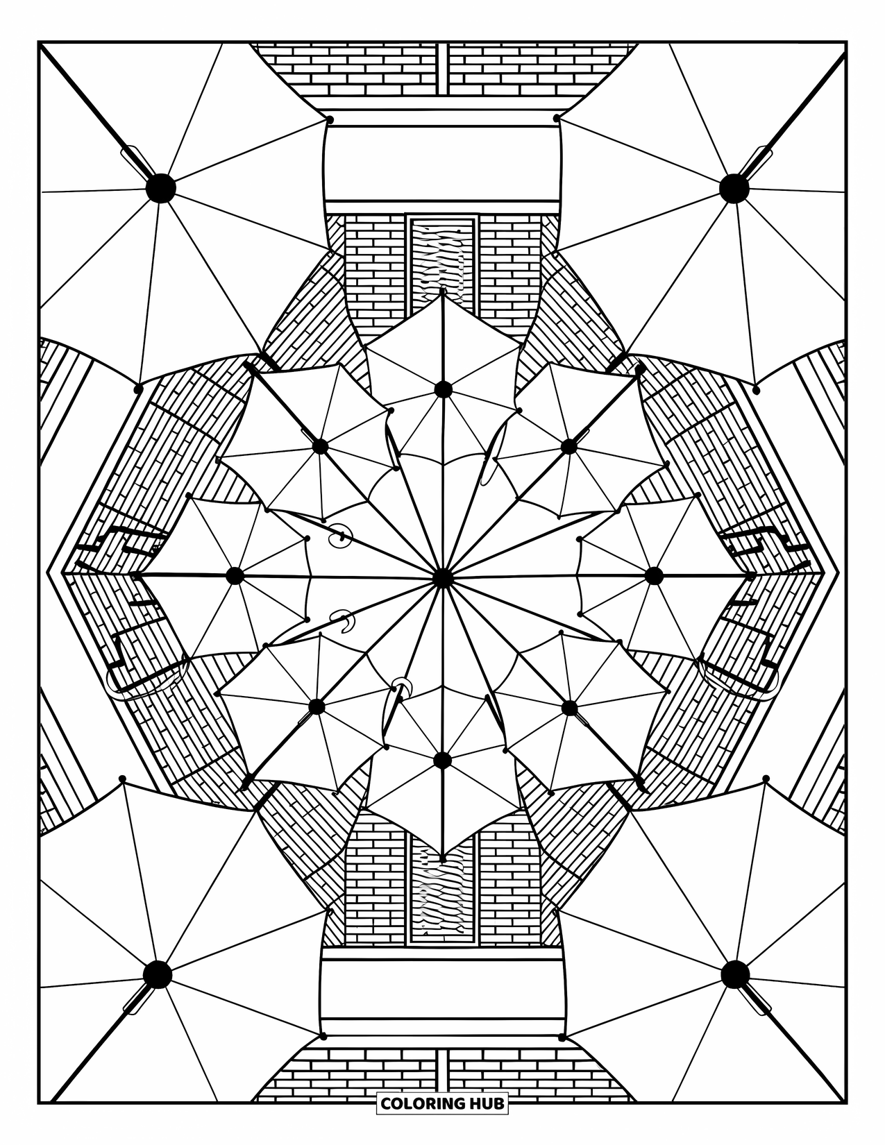 Umbrella Coloring Page for Adults: Umbrellas form a detailed circle on brick with artistic touches throughout the scene