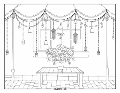Coloriage de parapluie pour adultes : Des carillons et des cristaux pendent d'un auvent de parapluie au-dessus d'une table fleurie sur fond de briques