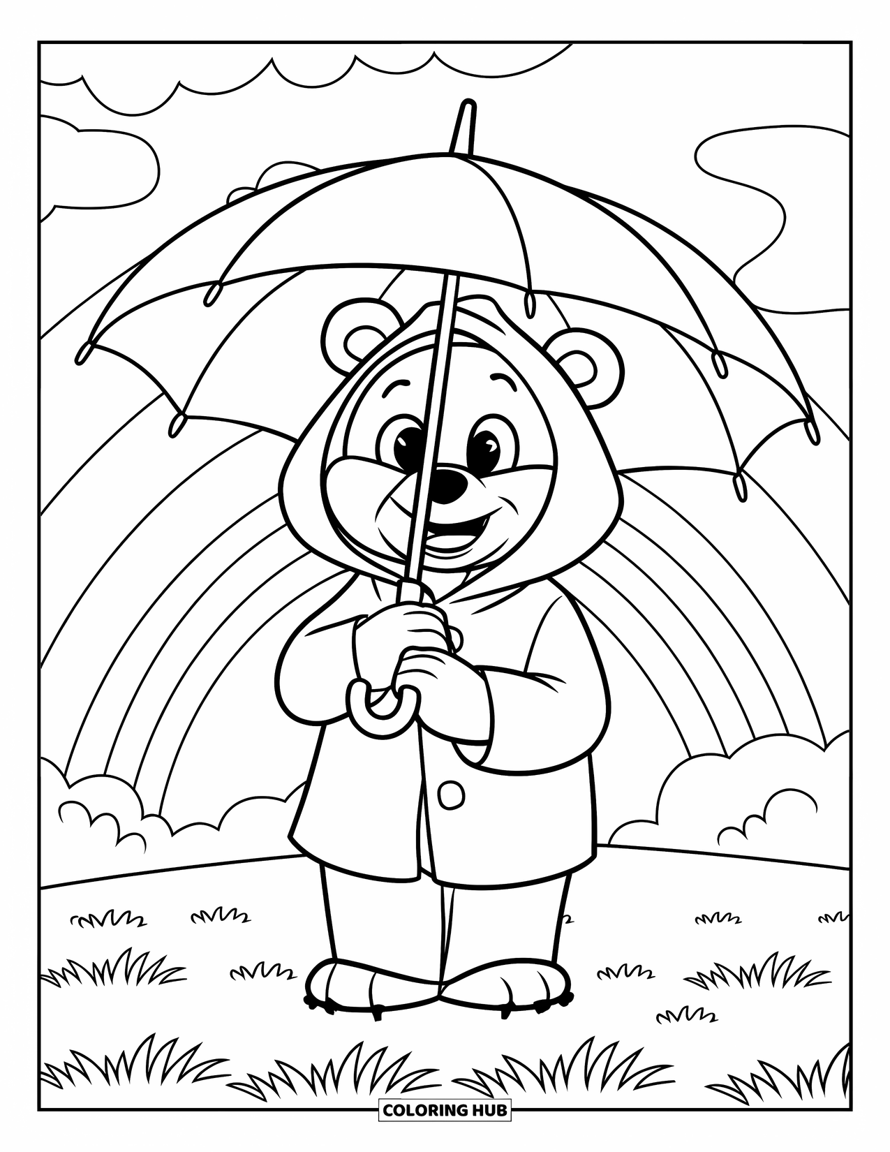 Umbrella Coloring Page for Kids: A bear in a raincoat stands happily under an umbrella with clouds and a rainbow