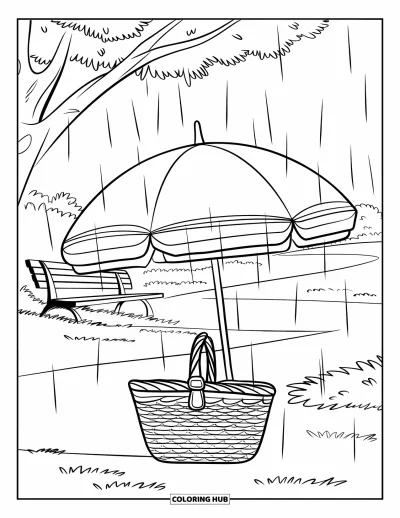 Coloriage de parapluie pour enfants : Un banc, un arbre et un chemin entourent un panier de pique-nique sous un parapluie pendant une légère bruine