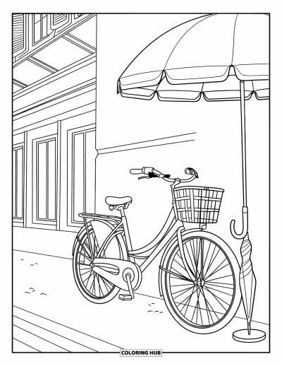 Coloriage de parapluie pour enfants : Un vélo avec un panier et un parapluie est appuyé contre un bâtiment avec des fenêtres et une porte