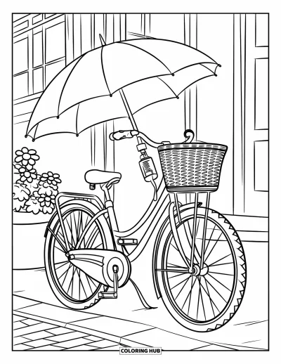 Coloriage de parapluie pour enfants : Un vélo avec un panier et un parapluie est posé sur un trottoir en briques près d'un pot de fleurs