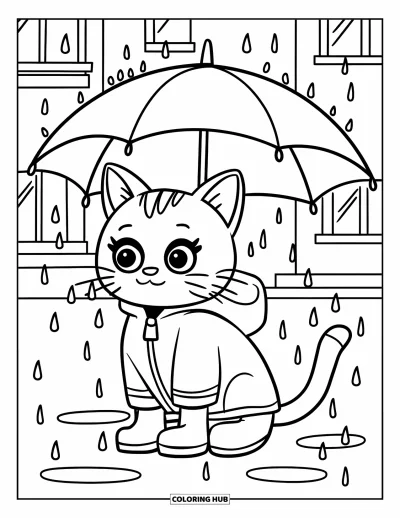 Coloriage de parapluie pour enfants : Un chat en imperméable et bottes est assis sous un parapluie par une journée pluvieuse près d'un bâtiment
