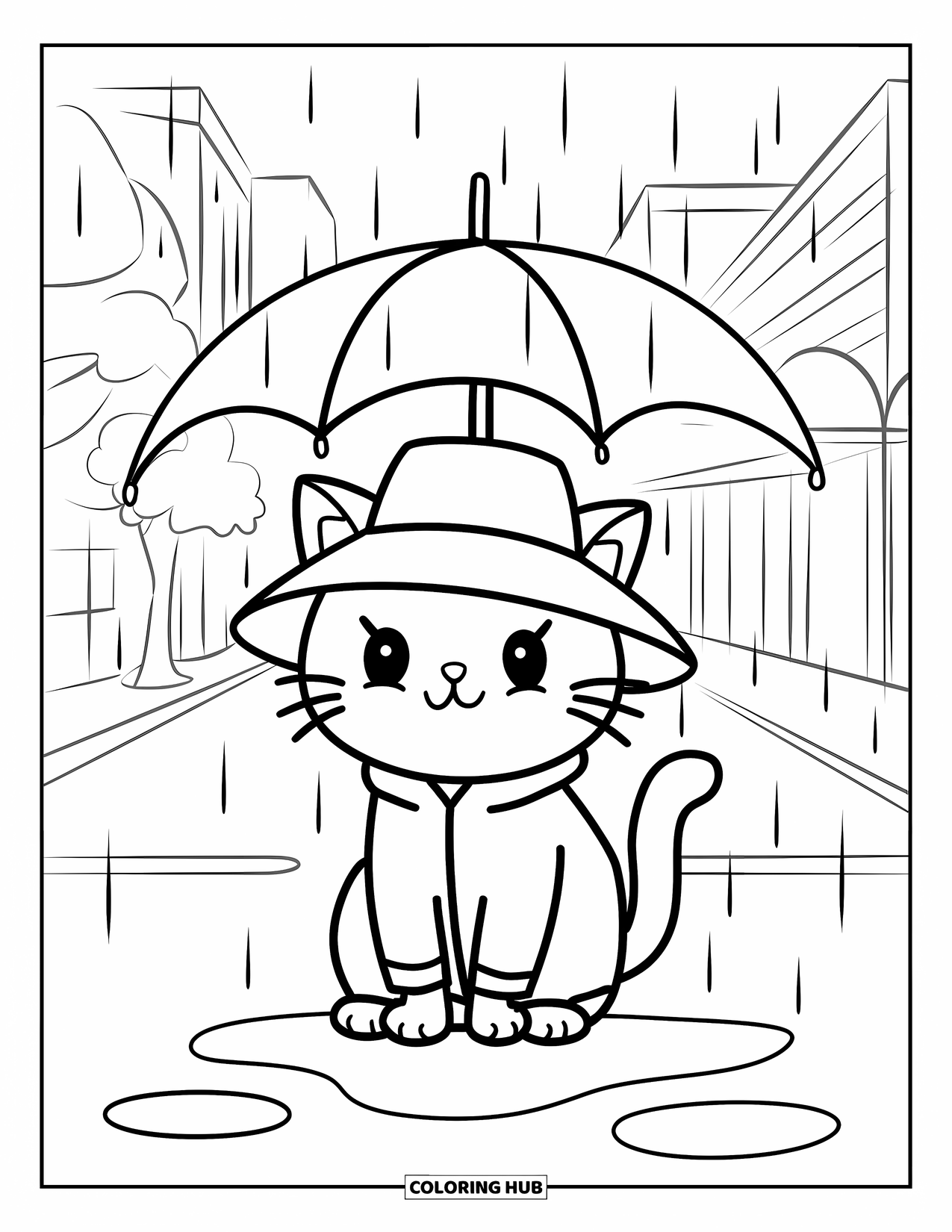 Umbrella Coloring Page for Kids: A cat in a raincoat and hat sits near a puddle on a rainy city street