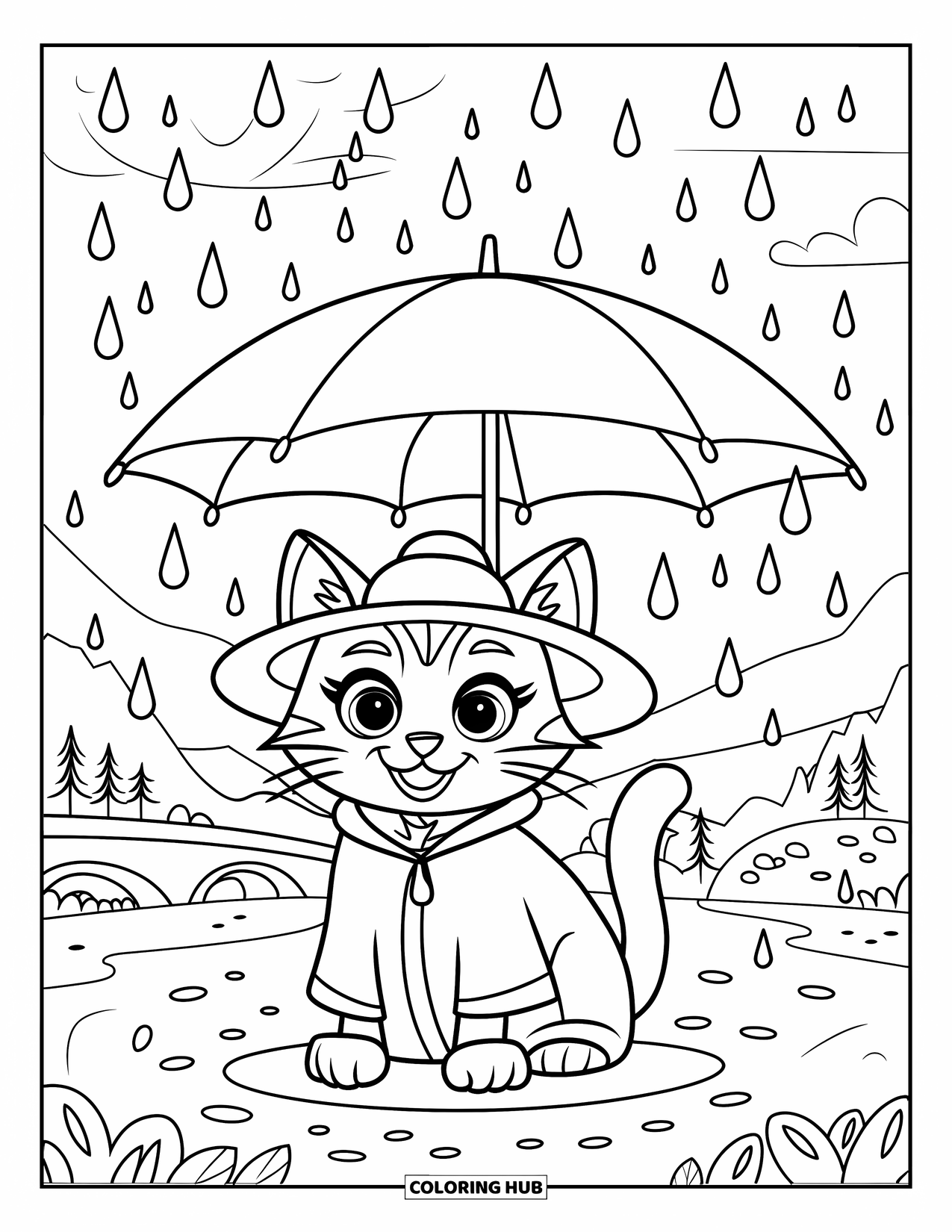 Umbrella Coloring Page for Kids: A cat in a raincoat and hat sits under an umbrella near mountains and trees