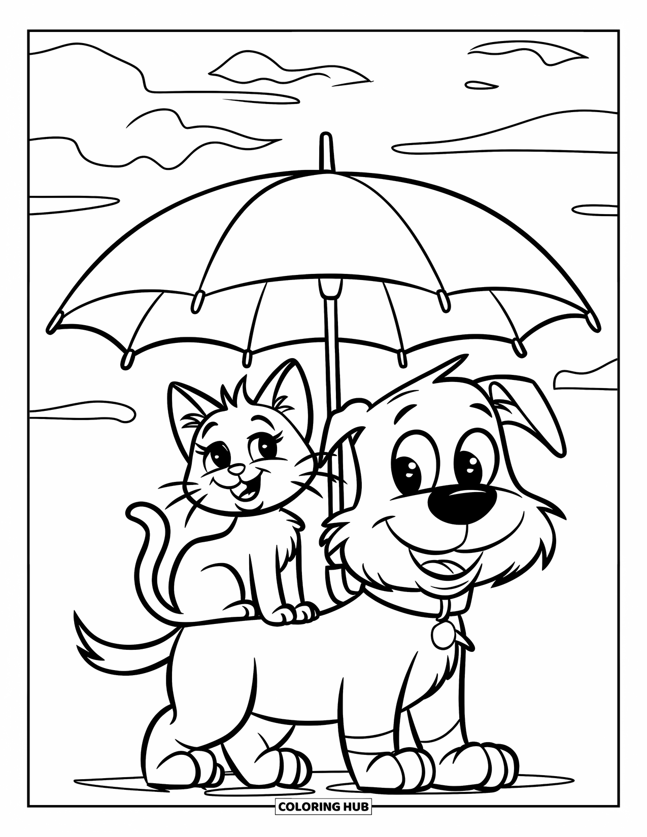 Umbrella Coloring Page for Kids: A cat sits on a dog's back while they share an umbrella under a cloudy sky