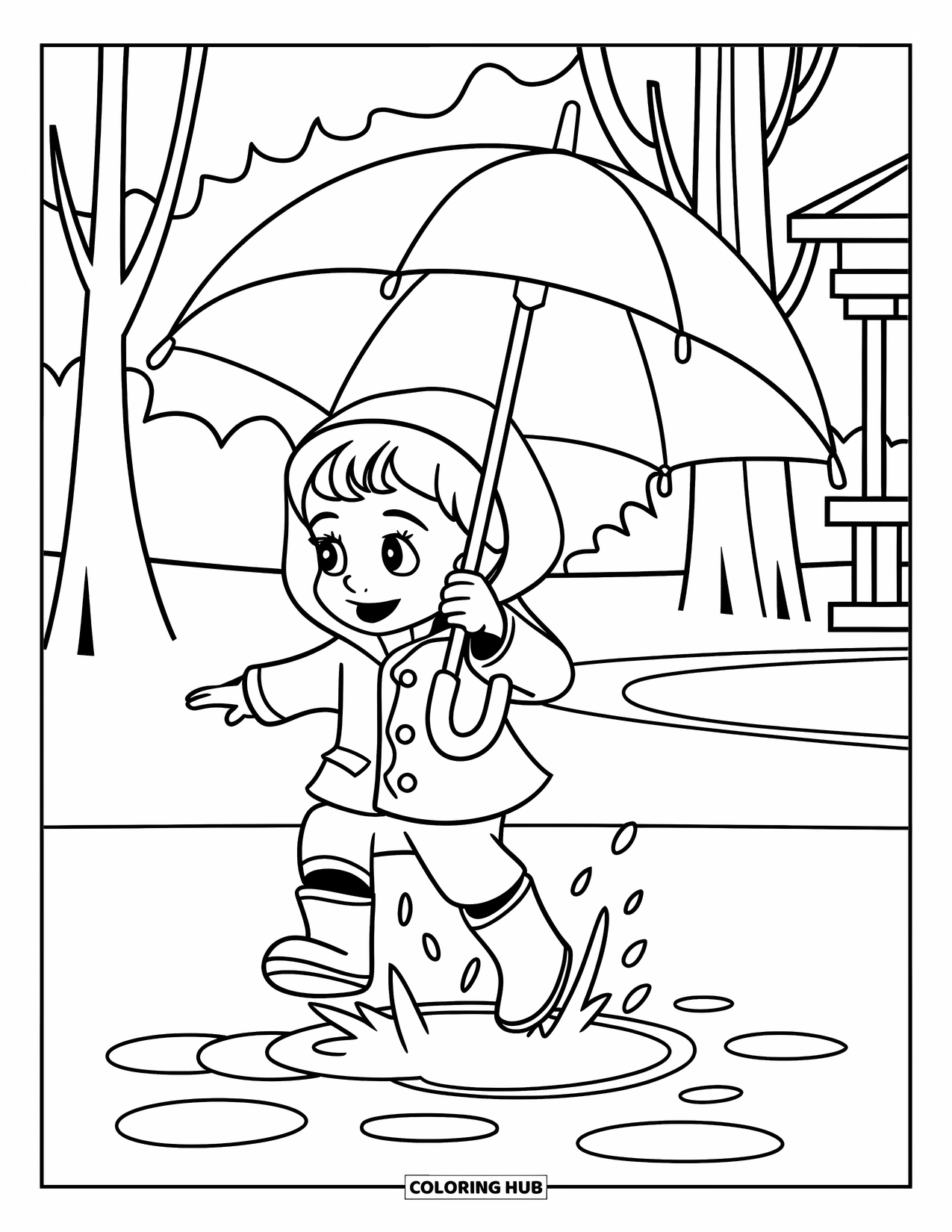 Umbrella Coloring Page for Kids: A child in a raincoat jumps in a puddle holding an umbrella near trees and a house