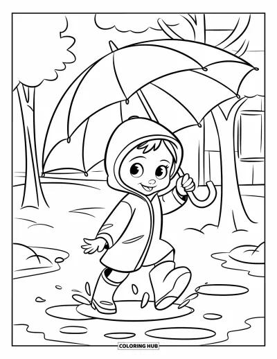 Coloriage de parapluie pour enfants : Un enfant en imperméable saute dans une flaque avec un parapluie près d'arbres et d'un bâtiment