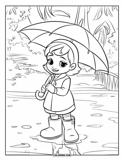 Coloriage de parapluie pour enfants : Un enfant en grandes bottes de pluie tient un parapluie sur sol mouillé près d'arbres et d'un pont