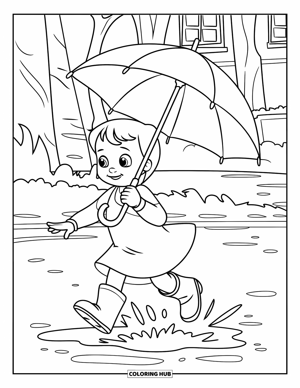 Umbrella Coloring Page for Kids: A child jumps in a puddle with an umbrella near trees and a building