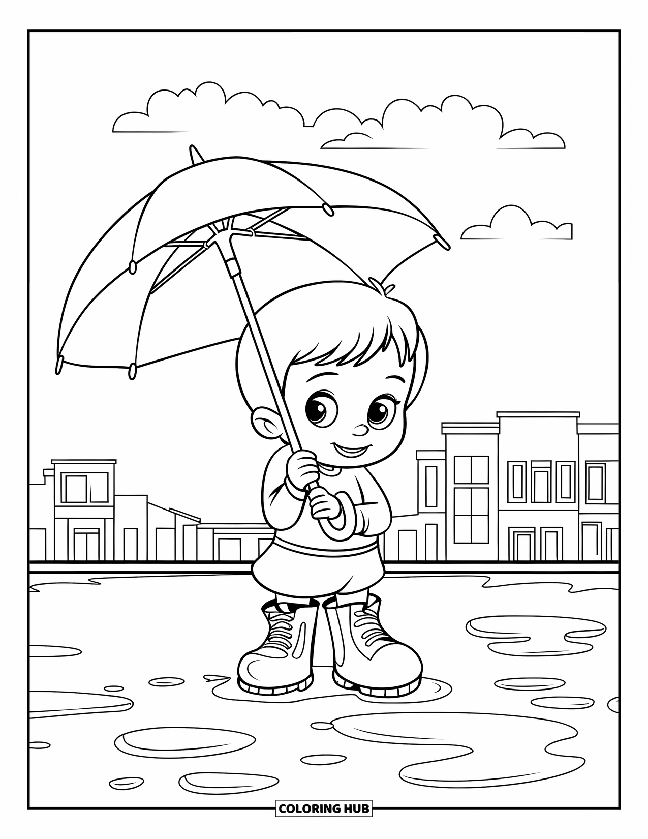 Umbrella Coloring Page for Kids: A child with an umbrella and oversized boots stands on a wet path with puddles and clouds