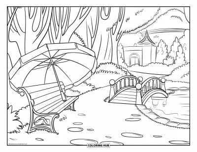 Coloriage de parapluie pour enfants : Un parapluie fermé repose près d'un pont sur un étang le long d'un paisible chemin de jardin bordé d'arbres