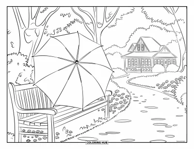 Coloriage de parapluie pour enfants : Un parapluie fermé repose sur un banc entouré d'arbres, de fleurs et d'un cottage accueillant