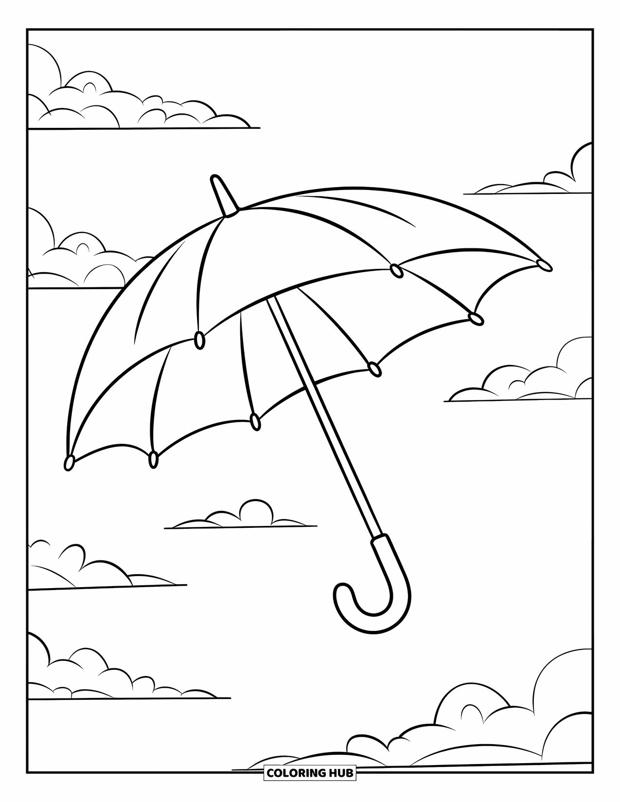 Umbrella Coloring Page for Kids: A curved umbrella tilts in the wind under a clear sky with clouds