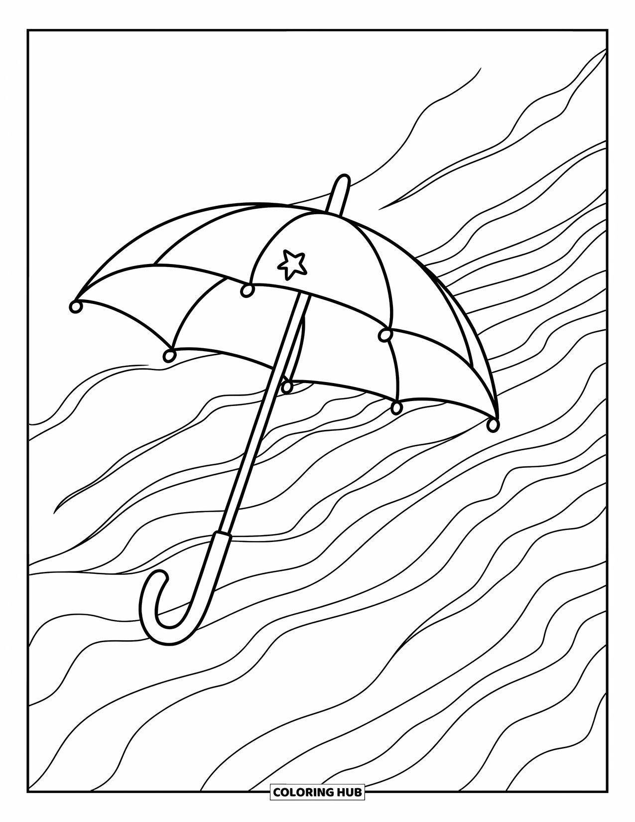 Umbrella Coloring Page for Kids: A floating umbrella with stars drifts on a windy day under a clear sky