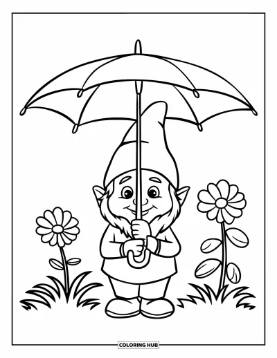 Coloriage de parapluie pour enfants : Un nain de jardin coiffé d'un chapeau pointu se tient sous un parapluie à côté de fleurs et de plantes