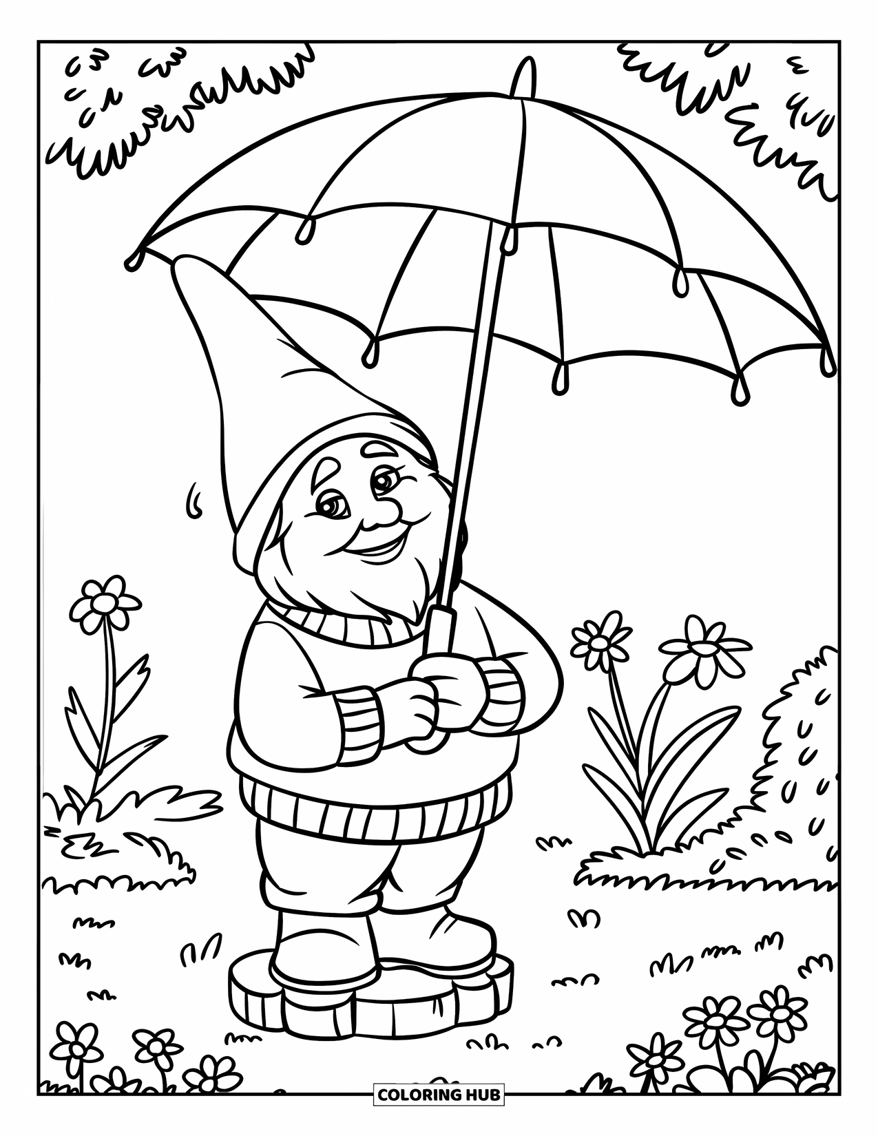 Umbrella Coloring Page for Kids: A gnome in a cozy sweater stands under an umbrella surrounded by plants and flowers
