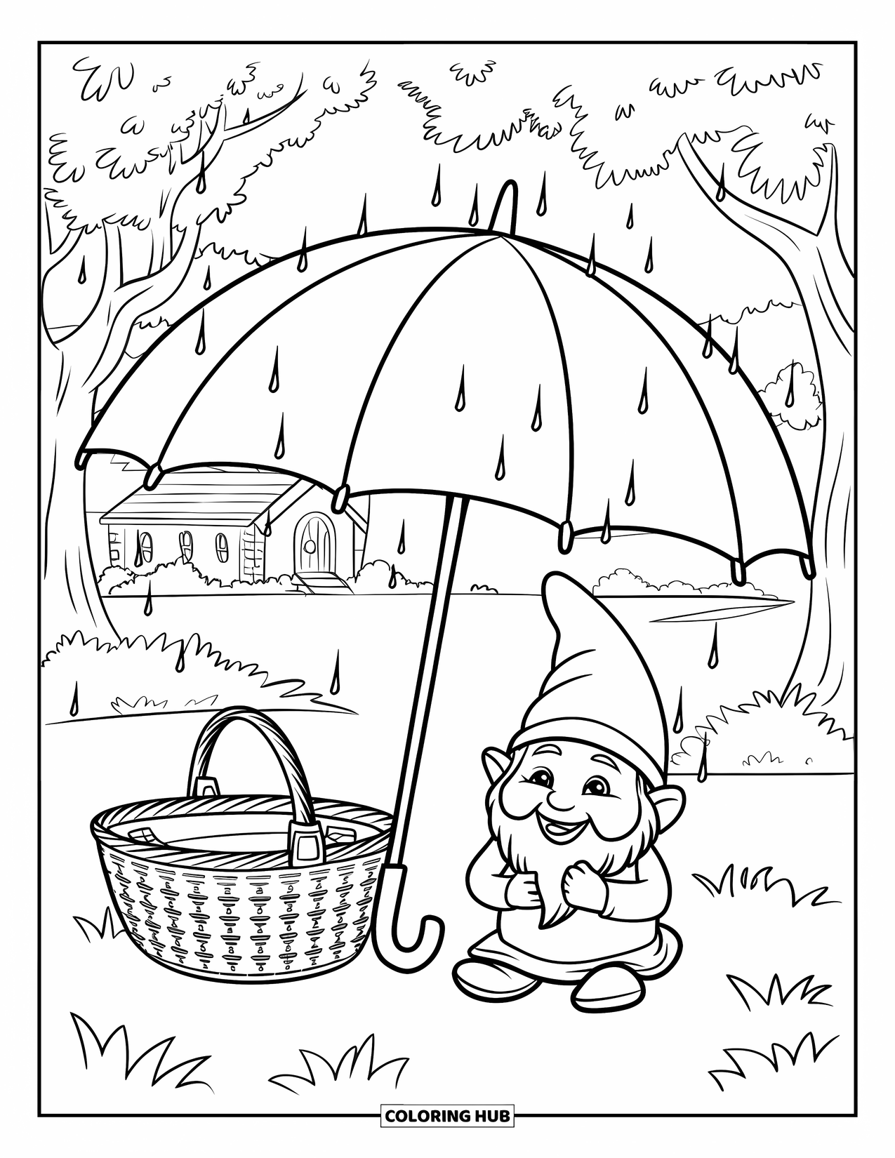 Umbrella Coloring Page for Kids: A gnome sits under an umbrella near trees and a cozy cottage