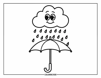 Coloriage de parapluie pour enfants : Un nuage joyeux fait doucement pleuvoir sur un parapluie tenu par quelqu'un dans la scène
