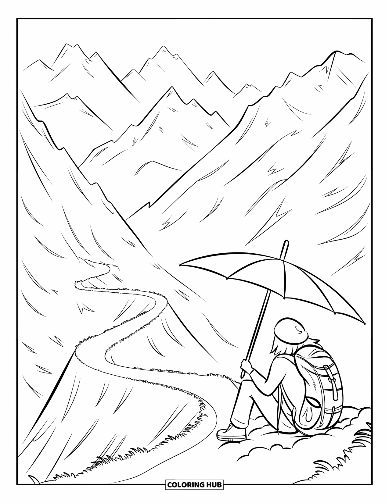 Umbrella Coloring Page for Kids: A hiker rests with a backpack and walking stick beneath an umbrella on a steep mountain path