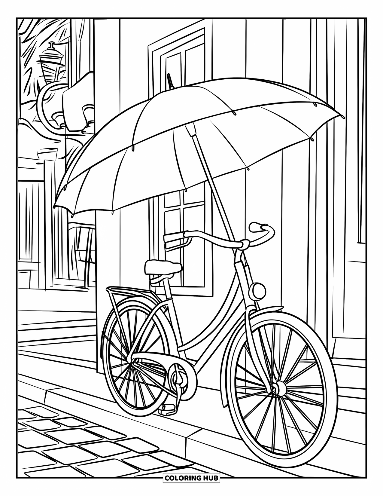 Umbrella Coloring Page for Kids: A large umbrella rests on a bike handle near a building with windows and a tree