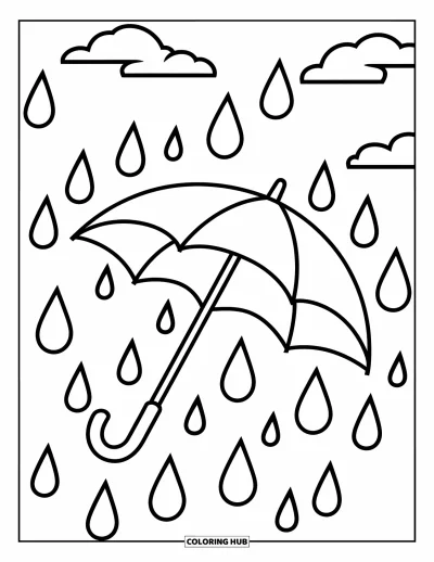 Coloriage de parapluie pour enfants : Un grand parapluie se dresse sous de grosses gouttes de pluie avec des nuages dans le ciel