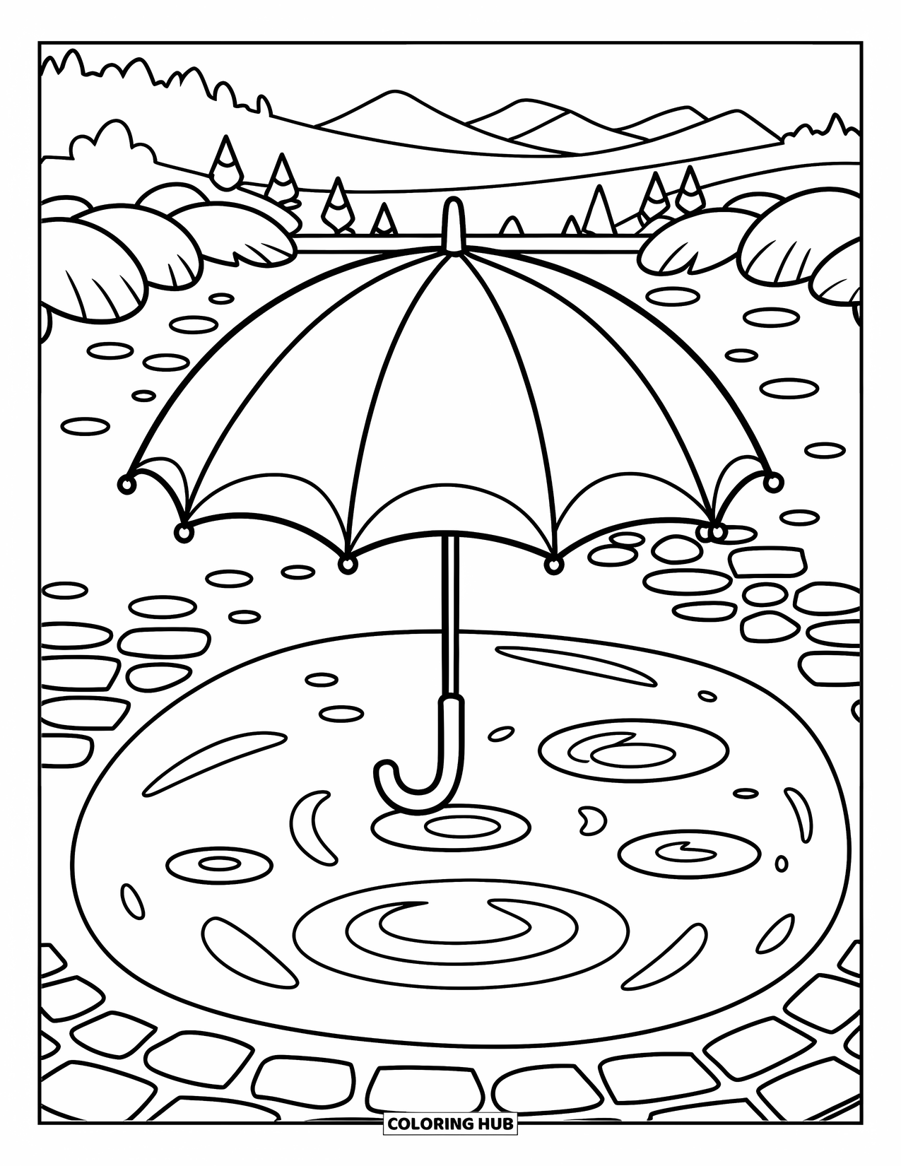 Umbrella Coloring Page for Kids: A large umbrella stands in a rippled puddle near cobblestones, trees, and mountains